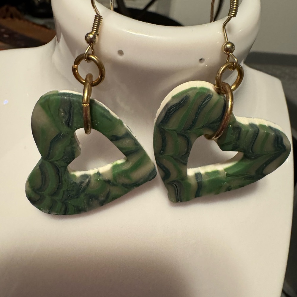 Green Marbled Heart Dangle Earrings